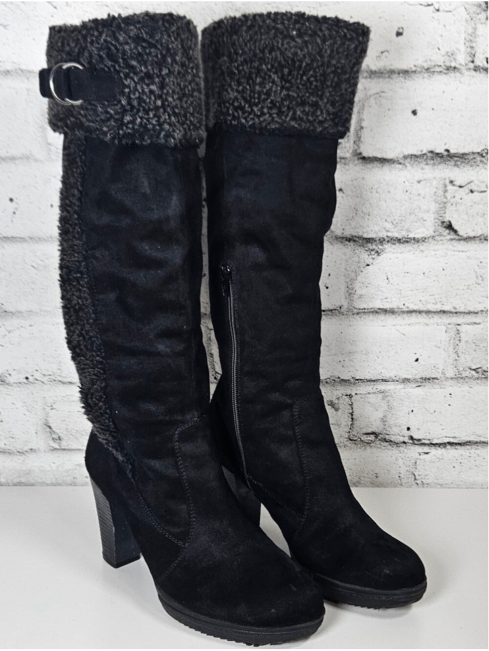 Naturalizer Trinity Womens 9W Black Knee High Boots Knit Cuff Block Heel